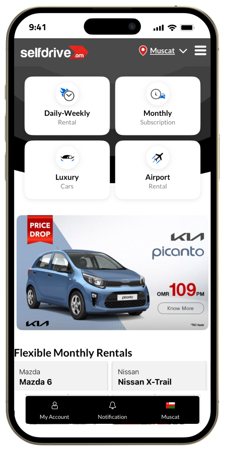 A cell phone showing a SelfDrive car rental application with offers and booking options