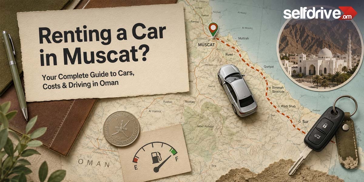 A person at a car rental desk in Muscat, reviewing rental options and paperwork with a staff member.